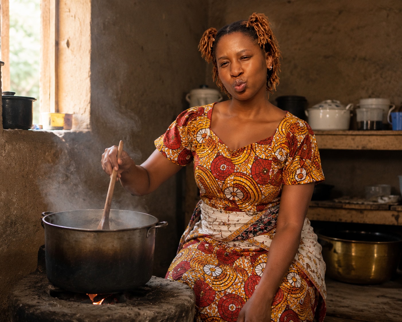 A woman cooking over a wood fire in a Zimbabwean kitchen, stirring a large pot